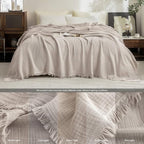 FOSSA Muslin Blanket with Fringe -4-Layer 100% Cotton Gauze Super Soft & Breathable Throw -Lightweight Decorative Cooling Blanket for Bed, Sofa, Office -Throw XL Size 70" x 50"(Beige Gray)
