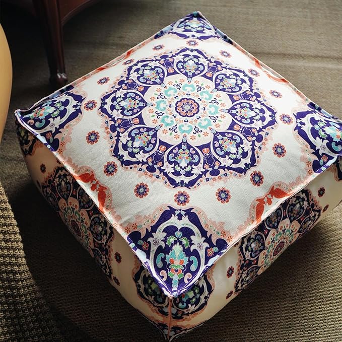 Unstuffed Pouf Cover Ottoman Footrest Bohemian Chenille Foot Stool Floor Bean Bag 20x20x8 Inches for Living Room Bedroom Home Decor (Blue, Square)