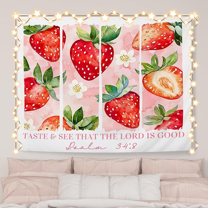 AQYIP Strawberry Christian Tapestry, Psalm 34:8 Bible Verse Tapestry Decorative, Pink Cute Floral Strawberry Religious Wall Tapestries Blanket Decor for Home Girls Room Dorm, 50x60 Inch