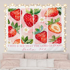 AQYIP Strawberry Christian Tapestry, Psalm 34:8 Bible Verse Tapestry Decorative, Pink Cute Floral Strawberry Religious Wall Tapestries Blanket Decor for Home Girls Room Dorm, 50x60 Inch