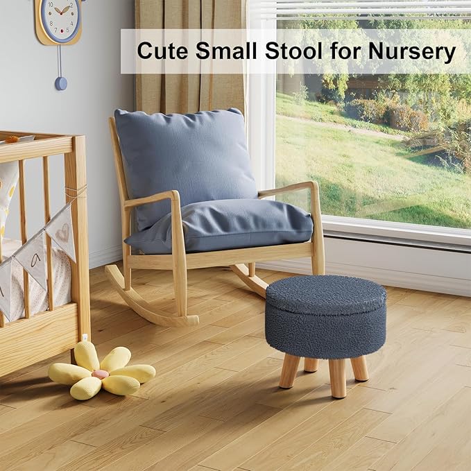 Small Foot Stool, Boucle Round Ottoman with Storage, Cute Foot Rest Stools with Teddy Velvet, Floor Pouf Ottoman Coffee Table, Sturdy Ottomans with Wood Legs for Living room, Nursery, Enterway, Blue