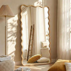 Wavy Mirror for Wall, 55"x28" Boho Wavy Wood Mirror Large Full Length Decorative Mirror with Tempered Glass, Natural Wooden Frame Vanity Mirror for Bedroom, Living Room, Entryway