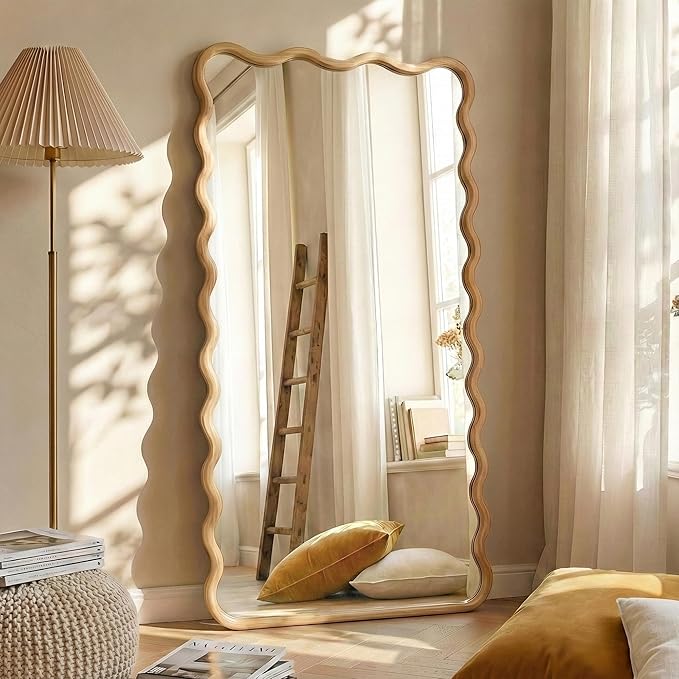 Wavy Mirror for Wall, 55"x28" Boho Wavy Wood Mirror Large Full Length Decorative Mirror with Tempered Glass, Natural Wooden Frame Vanity Mirror for Bedroom, Living Room, Entryway
