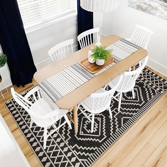 Lahome Bijou Moroccan Easy Jute Carpet, 5x7 Washable Rugs for Living Dining Room Indoor Outdoor Patio Rug, Farmhouse Non Slip Non Shedding Natural Black Carpet for Deck Backyard Entryway Classroom