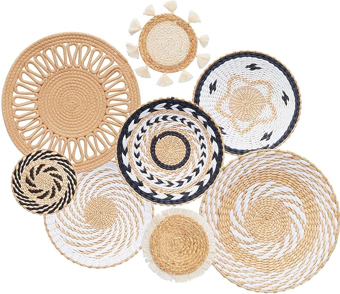 8 Pack Boho Wall Decor, 12 Inch Wall Basket Decor Round Handmade Hanging, Rattan Woven Wall Basket Decor for Living room, Rustic Flat Elegant, Farmhouse, Bedrooms, Table Settings, Kitchen Home