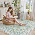 Lahome Sylvie Blue 5x7 Area Rugs for Living Room, Boho Floral Washable Girls Bedroom Rug, Soft Retro Non-Slip Kids Nursery Carpet for Playroom Apartment Decor