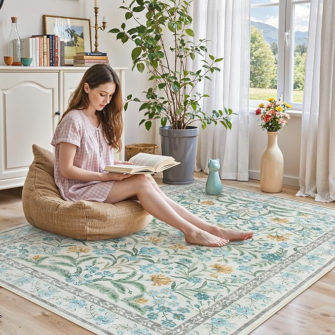 Lahome Sylvie Blue 5x7 Area Rugs for Living Room, Boho Floral Washable Girls Bedroom Rug, Soft Retro Non-Slip Kids Nursery Carpet for Playroom Apartment Decor