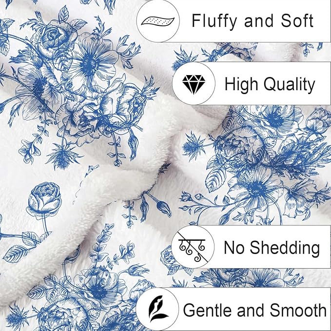 Blue Floral Throw Blanket, Botanical Floral Blanket, Soft, Flannel, Warm, Boho Aesthetic Bed Blankets All Season Flower Throw Blankets for Couch Bedroom Living Room 50X60 Inch