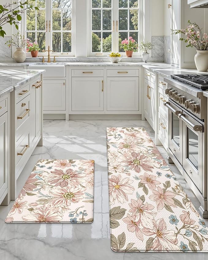 DEXI Kitchen Mats for Floor 2 Piece Set, 17x29+17x59, Cushioned Standing Mat Anti Fatigue, Waterproof Comfort Floral Padded for Laundry Room Office, Pink