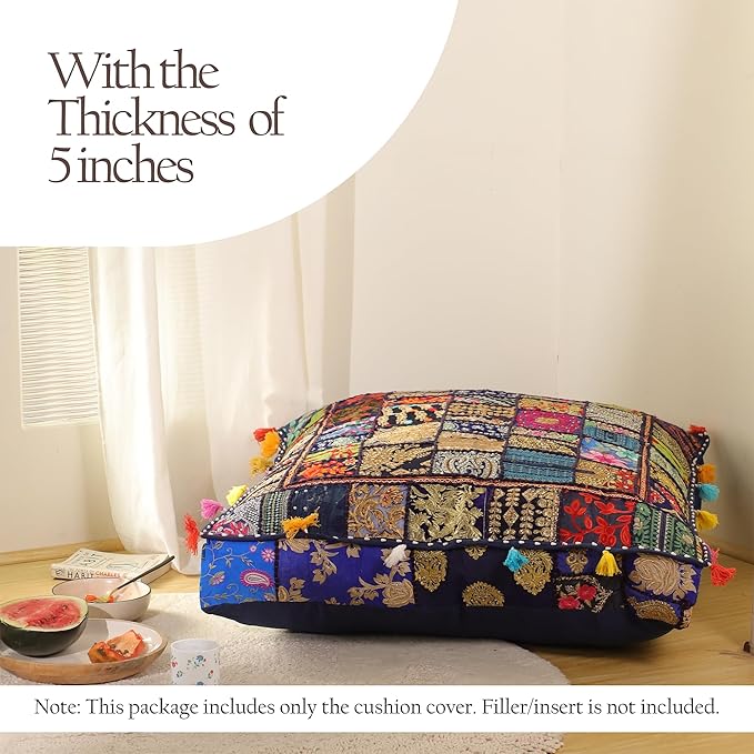 THE ART BOX Cotton Patchwork Vintage Boho Embroidered Floor Pillows & Cushion Cover Dog Pouf Seating Pouf Meditation Pillow Pet Bedding Cat Bed Boho Home Décor (35x35 Inches, Cover Only)