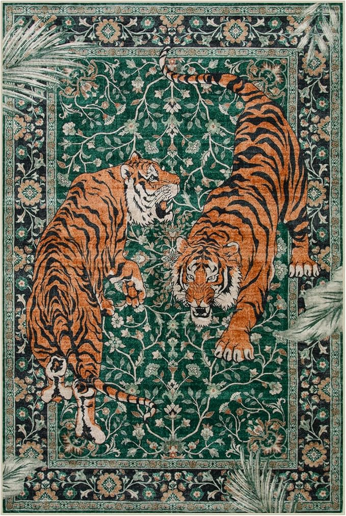 Moynesa Tiger 6x9 Area Rugs for Living Room, Boho Botanical Washable Dining Room Rug Non Slip Large Green Bedroom Rug, Ultra Thin Vintage Soft Indoor Floor Carpet for Home Office Entrance