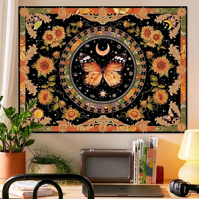Accnicc Butterfly Floral Tapestry Vintage Indie Boho Flower Tapestries for Bedroom Aesthetic Retro Yellow Sunflower Moth Tapestry Wall Hanging for Dorm Living Room (90'' × 68'')