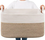 Goodpick Large Woven Blanket Basket, 21.6" x 14.9" x 11.8" Storage Baskets for Organizing, Rectangle Cotton Rope Toy Basket for Living Room, Bedroom, White & Brown