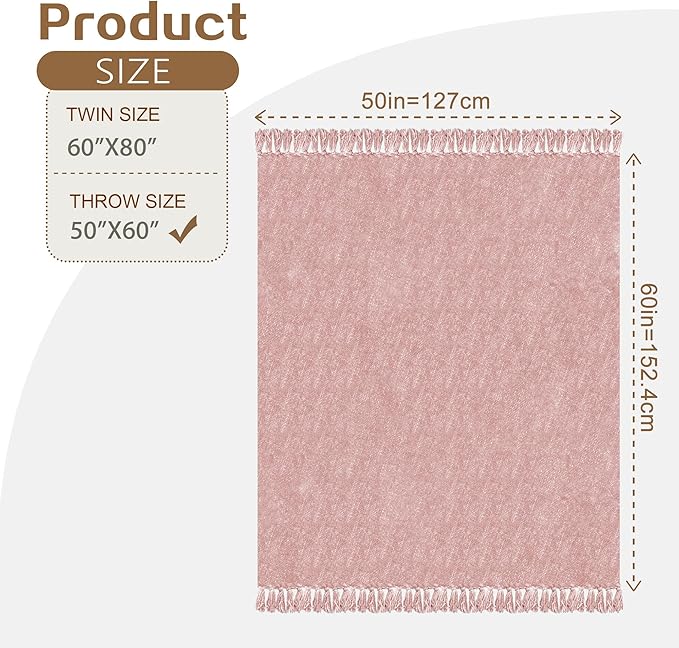 Chenille Throw Blanket for Couch with Tassels,50"X60" Soft Cozy Lightweight Knitted Boho Decorative Blankets for Bed and Sofa,Pink