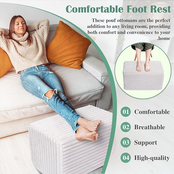 Rectangular Pouf Ottoman, Stuffed Floor Pouf with Foam Chunk Filling, Soft Coral Fleece Furry Foot Rest Stool, Multi-Use Ottoman for Living Room, Wide Stripe Boho Decor, White