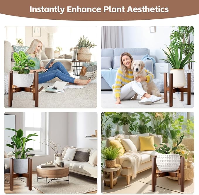 Adjustable Bamboo Plant Stand for Indoor Plants, Holder Rack Fits 8"-12" Pots for Living Room, Bedroom, Corner - Space Saving Shelf (Pot & Plant Not Included) (brown)