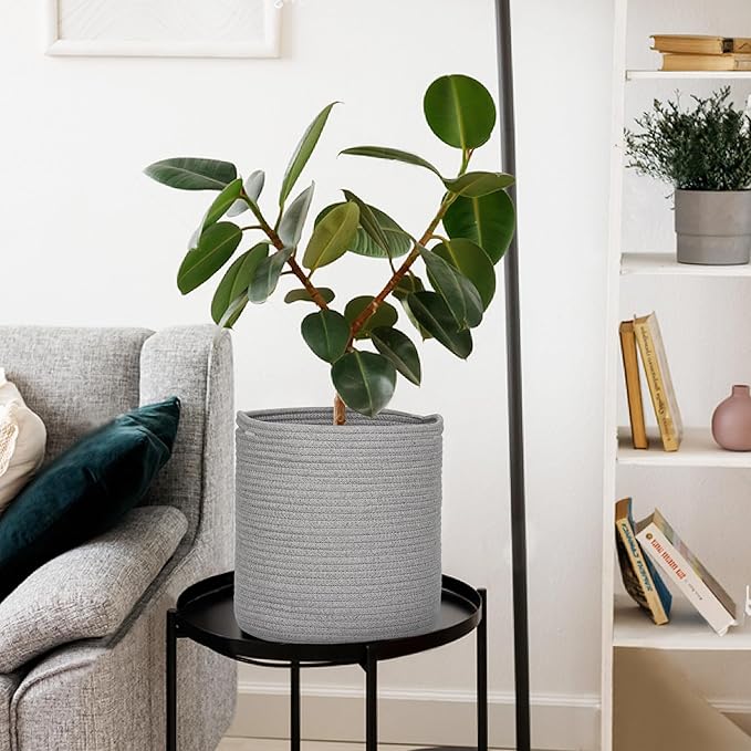 Cotton Rope Plant Basket, Woven Baskets Planter for 11 inch Pot, Round Indoor Tree Pot Cover, Storage Bin Organizer, Modern Basket for Plants and Home Decor, 12.5”X12.5”, Gray