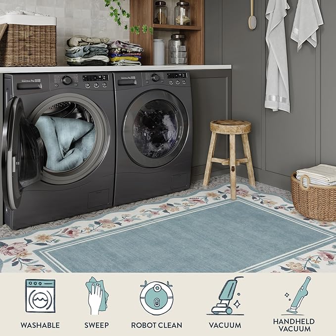 Lahome Floral Area Rug for Living Room, Washable Rugs 5x7 Soft Low Pile Scalloped Large Rugs for Bedroom, Farmhouse, Dining Room, Kids, Ariele Blue