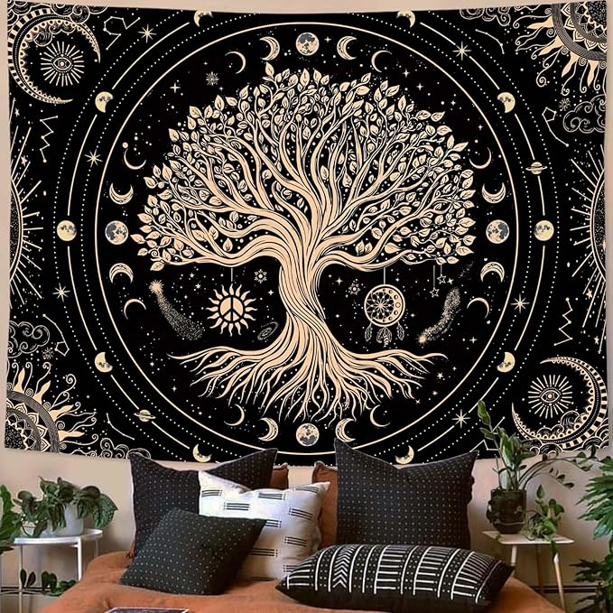 Accnicc Tree of Life Tapestry Sun Moon Stars Tapestries for Bedroom Aesthetic Hippie Black Beige Boho Mandala Spiritual Celestial Large Tapestry Wall Hanging for Dorm Living Room Decor 80 x 60 Inch