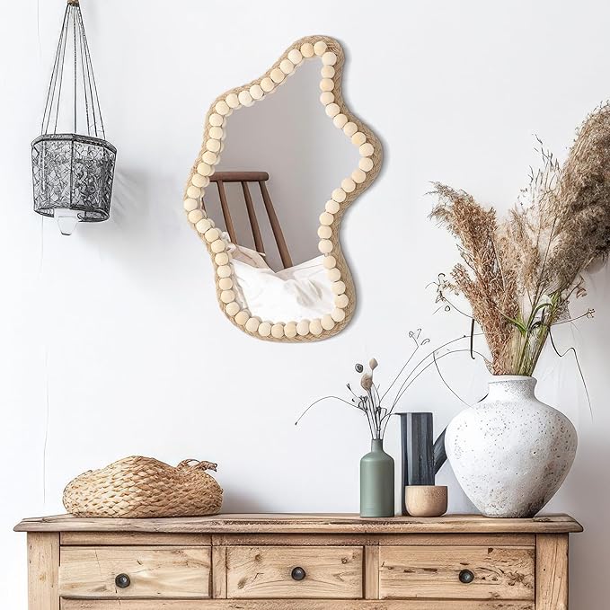 Boho Wall Decor Mirror 14"x9" Irregular Wall Mirror Small Farmhouse Rustic Decorative Wooden Bead Hanging Mirrors for Bedroom Living Room Vanity Entryway Over Sink Modern Home Decor