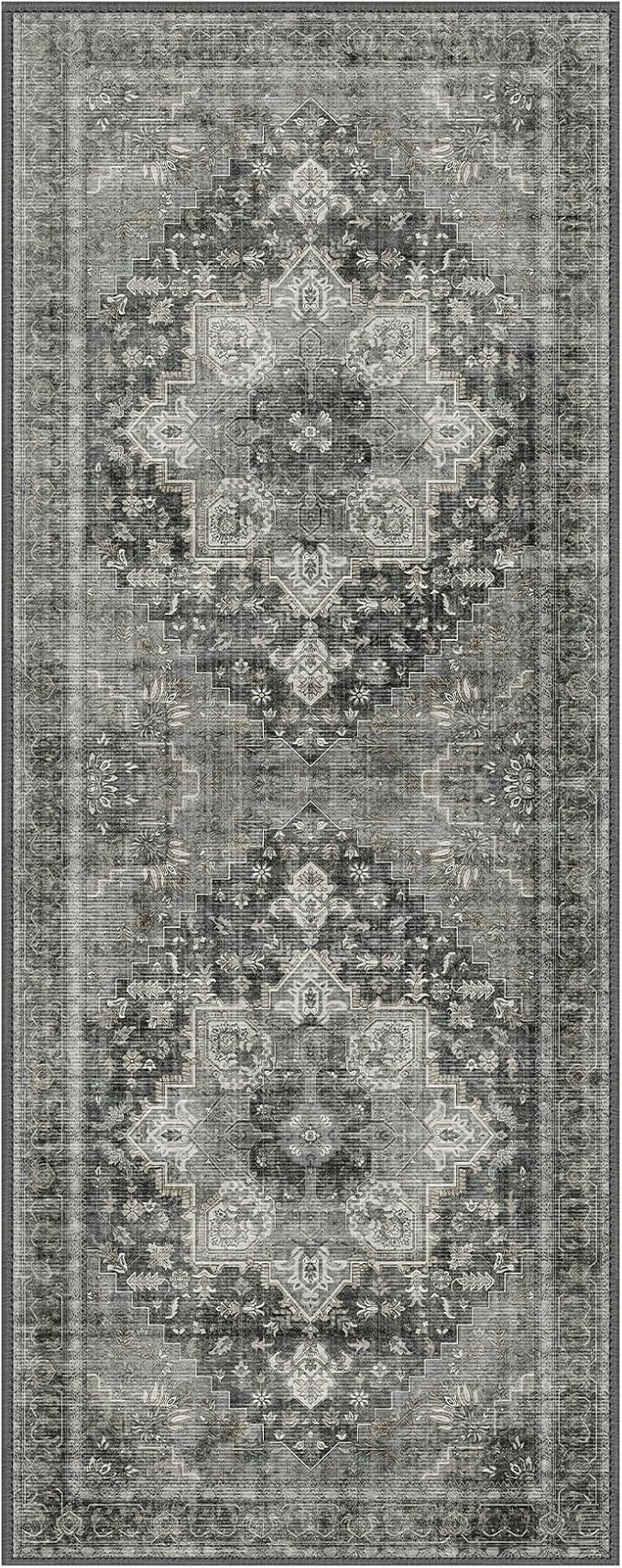 GENIMO 2'6"x10 Runner Rugs for Hallway, Machine Washable Non Slip Vintage Rugs, Low Pile Lightweight Soft Print Rug for enrtyway, Corridor, Home Office, Kitchen, Charcoal Gray