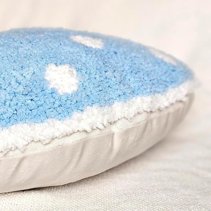 Mushroom Throw Pillow Tufted Decorative Cushion 15” x 15” – Decor for Bed, Couch, Living Room (Blue)