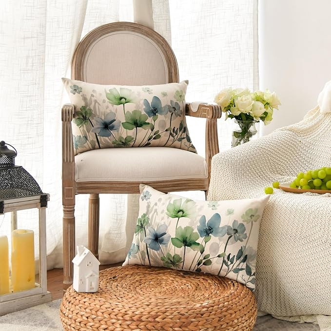 AVOIN colorlife Poppy Flowers Chinoiserie Throw Pillow Covers, 12 x 20 Inch Blue Sage Green Seasonal Leaves Cushion Case Decoration for Sofa Couch Set of 2
