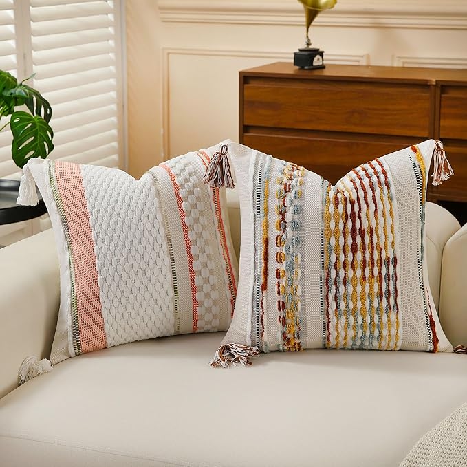 Set of 2 Boho Pillow Covers with Tassels Orange White 18x18 Inch Farmhouse Decorative Chenille Tufted Striped Throw Pillow Covers, Neutral Accent Square Pillowcase for Couch Bed Living Room