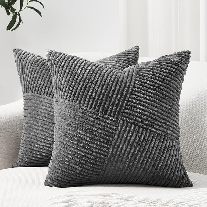 Topfinel 12x12 Inch Small Throw Pillow Covers Pack of 2 for Living Room Couch Bed Soft Corduroy Windmill Textured Boho Striped Patchwork Pillow Covers House Decor,Darkgrey