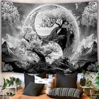 Tree Life Tapestry Aesthetic, Flowers Sun and Moon Art Tapestry Wall Hanging for Girls Bedroom, Cool Nature Galaxy Yin Yang Anime Tapestries Poster of Dorm Home Decor 40X30 Inches, Black and White