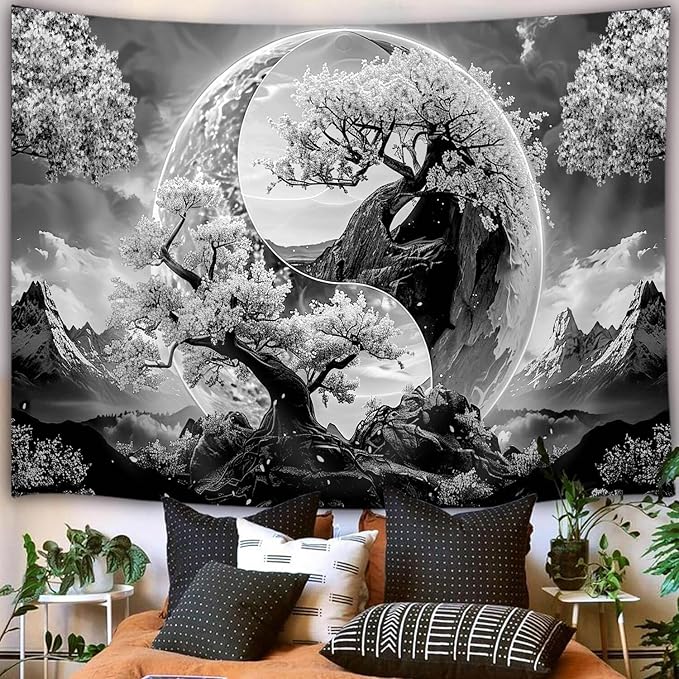 Tree Life Tapestry Aesthetic, Flowers Sun and Moon Art Tapestry Wall Hanging for Girls Bedroom, Cool Nature Galaxy Yin Yang Anime Tapestries Poster of Dorm Home Decor 71X60 Inches, Black and White