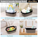 Gift Basket Empty with Handles, 12x8x5 inch - Small Woven Basket for Baby Nursery, Toys, Towels, Wedding, Birthday Gifting - With Gift Bag & Ribbon (Black Brown, 1PC)