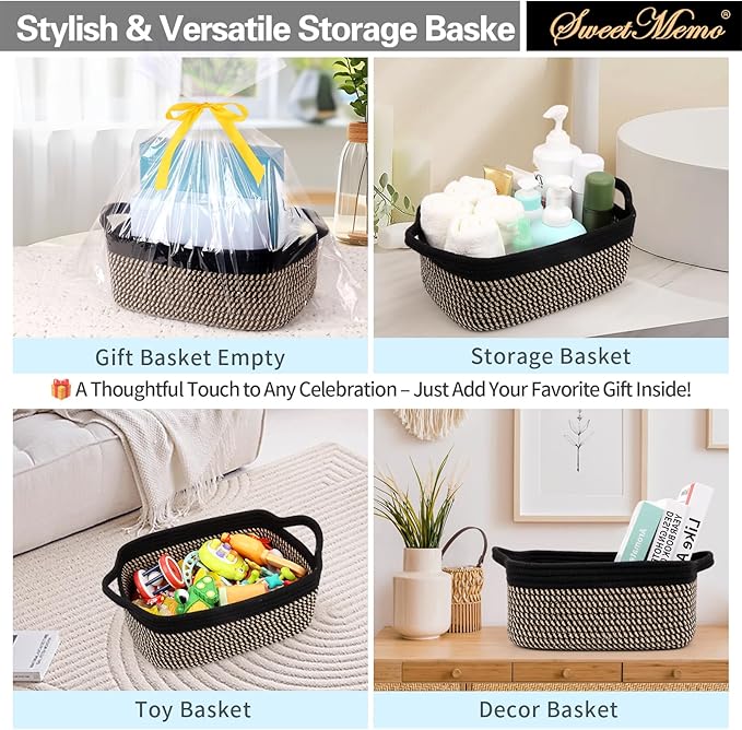 Gift Basket Empty with Handles, 12x8x5 inch - Small Woven Basket for Baby Nursery, Toys, Towels, Wedding, Birthday Gifting - With Gift Bag & Ribbon (Black Brown, 1PC)