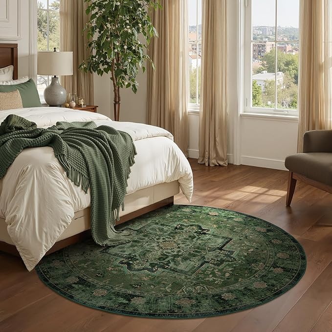 Round Rugs 6ft Dark Green, Low Pile Thin Circle Area Rugs Washable Non Slip, Vintage Medallion Printed Circle Carpet for Bedroom Living Room Kitchen Dining Room