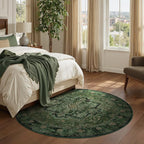 Round Rugs 6ft Dark Green, Low Pile Thin Circle Area Rugs Washable Non Slip, Vintage Medallion Printed Circle Carpet for Bedroom Living Room Kitchen Dining Room