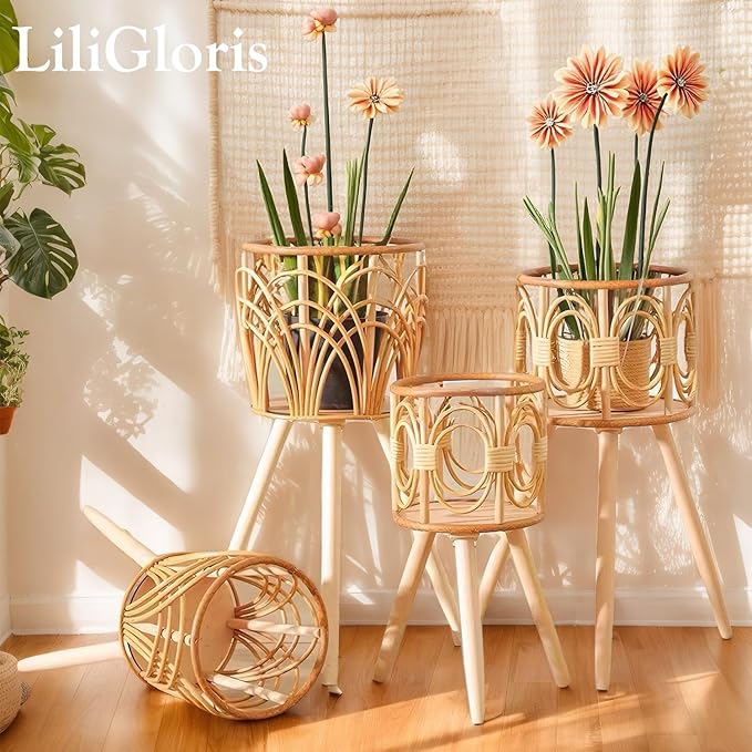 Boho Rattan Plant Stand Indoor Outdoor - Set of 2 (Small & Medium) Wicker Planter Shelf for Multiple Plants, Mid-Century Modern Wooden Flower Pot Holder with Stand, Farmhouse Home Decor for Living Room, Balcony, Patio