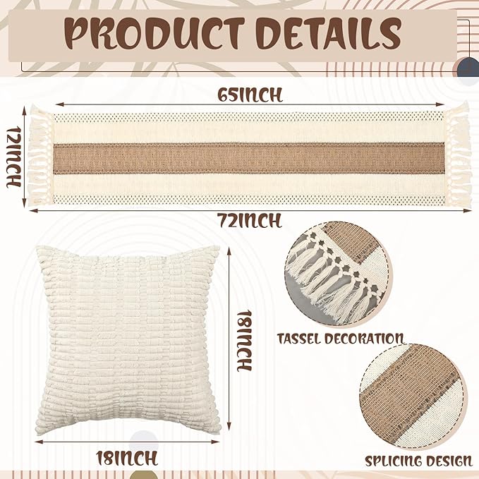 Extra Large Outdoor Boho Picnic Blanket 91'' x 71'' Cream White Table Runner 6 Throw Pillow Cover Woven Cotton Yarn Oversize Beach Blanket Washable for Picnic Camp Wedding