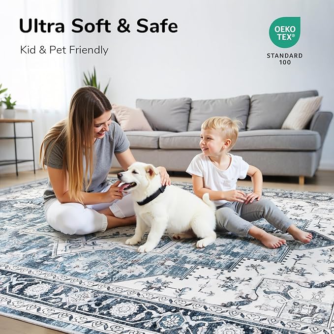 Lessymo 9×12 Area Rugs Washable for Living Room, Large Soft Indoor Rug Non-Slip for Bedroom Kitchen Dining Room Dorm Nursery, Vintage Boho Carpet Stain Resistant for Office Home Decor, Blue/White