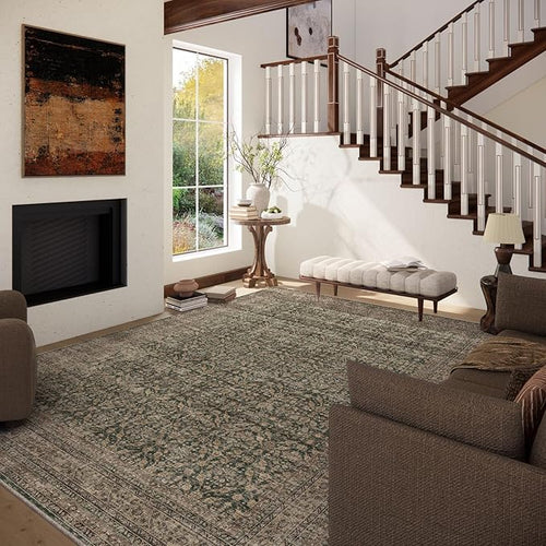 10x14 Area Rug Washable Rugs: Large Living Room Rug Stain Resistant Non Slip Distressed Vintage Low Pile Faux Wool Soft Rugs for Bedroom Farmhouse Dining Room Nursery Indoor