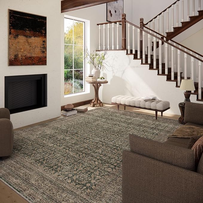 Machine Washable Rugs for Living Room: 6x9 Area Rugs Boho Vintage Rugs Stain Resistant Non Slip Low Pile Soft Lightweight Carpet for Bedroom Kitchen Dining Room Nursery Kids Room Farmhouse
