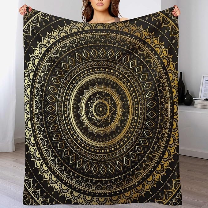 Black Gold Mandala Throw Blanket Boho Indian Hippie Vintage Abstract Bohemian Flower Blanket for Sofa Bed Couch Chair Or Dorm 60"x80"