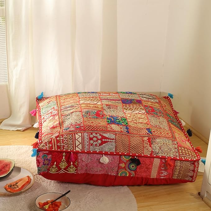 THE ART BOX Cotton Patchwork Vintage Boho Embroidered Floor Pillows & Cushion Cover Dog Pouf Seating Pouf Meditation Pillow Pet Bedding Cat Bed Boho Home Décor (35x35 Inches, Cover Only)