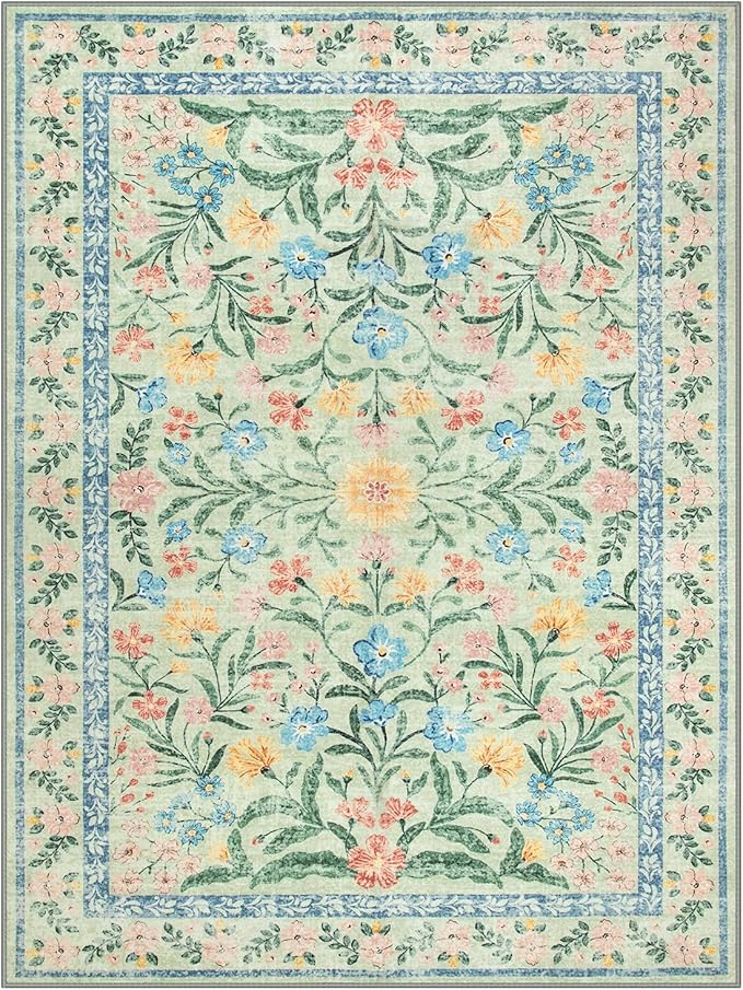 Lahome Sylvie Boho Light Green Large Area Rugs for Bedroom 9x12, Floral Washable Rugs Living Room, Soft Non-Slip Thin Rug for Nursery Kids Playroom Tween Girls Home, Tea Green