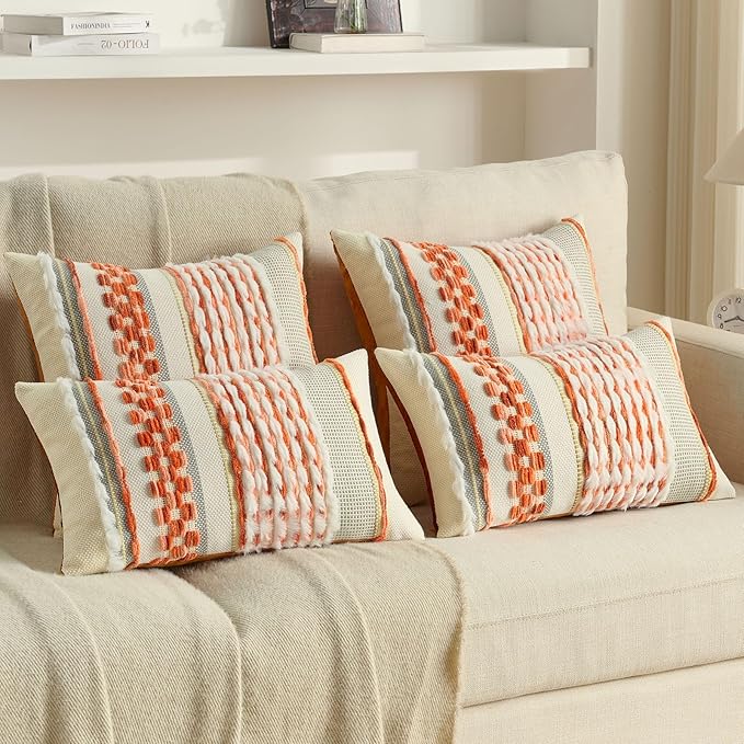 FUTEI Orange Accent Throw Pillow Covers Set of 2, 18x18 Inch Plush Tufted Striped Textured Decorative Cushion Cases for Farmhouse Boho Couch Decor