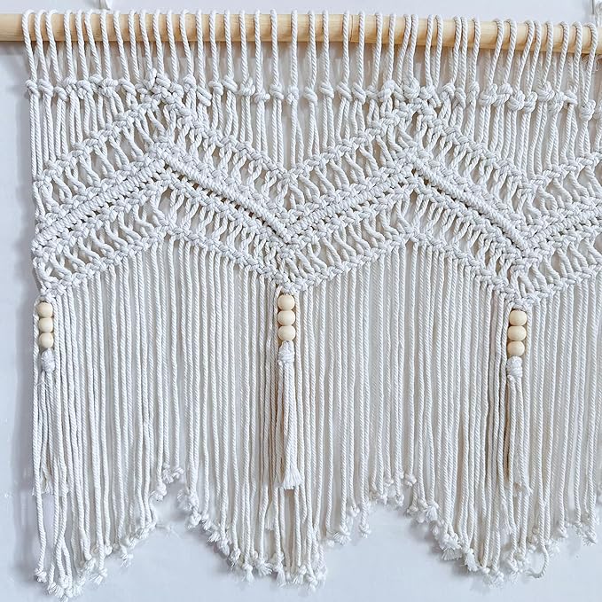 Macrame Doorway Curtains Wall Hanging Window Curtain Panels Closet Room Divider Boho Wedding Decor Backdrop Macrame Valance Boho Kitchen Valance (Ivory White, 52''W x 21.6''H)
