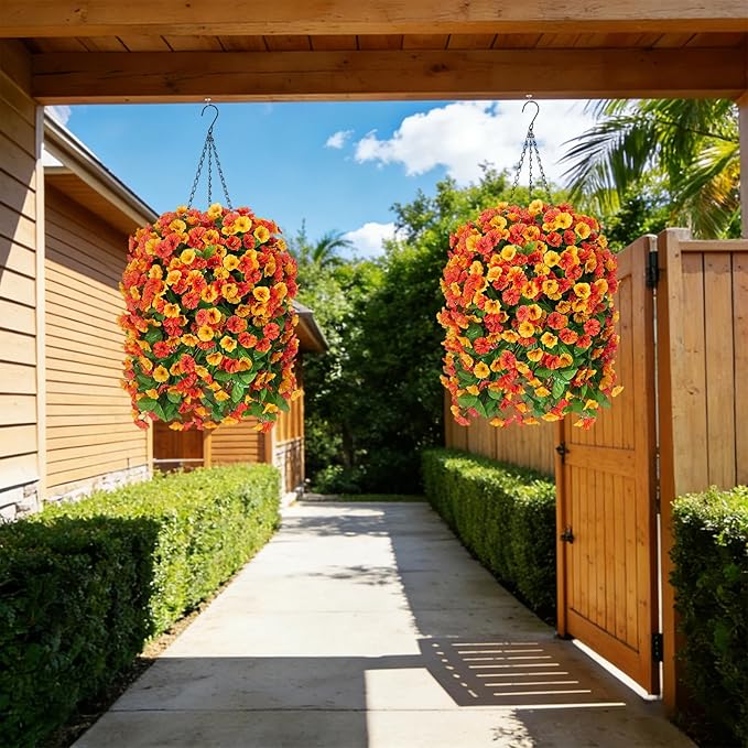 Artificial Flowers with Hanging Basket, Outdoor Faux Plants Silk Morning Glory Vines, Fake Green Arrangement for Garden Patio Spring Summer Decor(Orange)