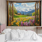 EOBTAIN Garden Window Tapestry Purple Yellow Floral and Cottage on Mountain Tapestry Wall Hanging Green Forest Nature Landscape Wall Art for Bedroom Living Room Dorm Room Decor,60x40 Inch