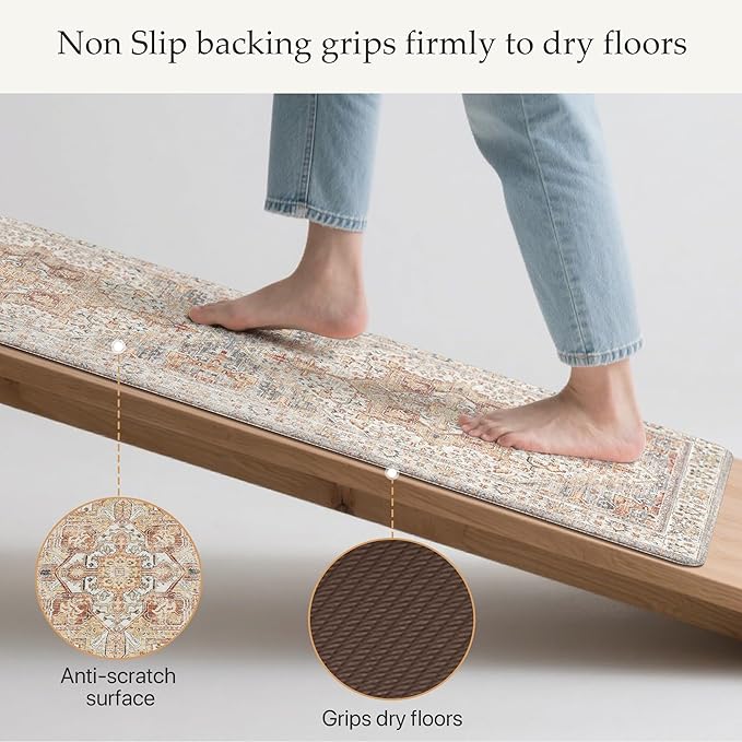 GENIMO Kitchen Mats for Floor, 2PCS Kitchen Rugs Non Slip Washable, Waterproof Anti Fatigue Mat, Comfort Standing Runner Rug for Sink, Office, Laundry, Home, 17.3"x59"+17.3"x30", Orange&Brown