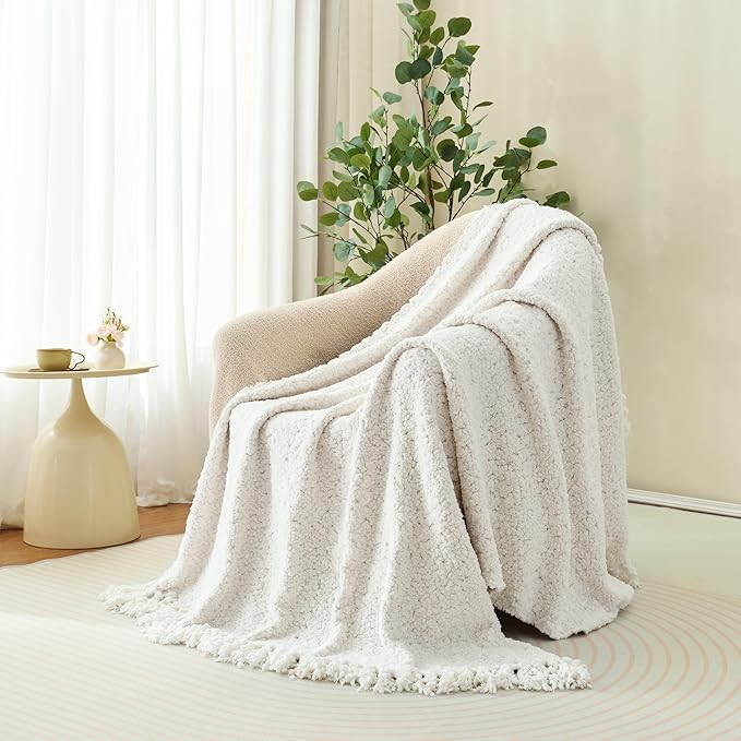 Throw Blanket for Couch, White Luxury Knitted Throws 50"x60", Textured Blankets with Handmade Fringe Tassels for Bed Sofa Decorative, Chunky Soft Farmhouse Boho Home Decor