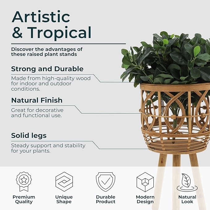 Handcrafted Bamboo Planters with Wooden Legs as Home Decor - Timeless Flower Pots for Entryway and Garden - Patterned Plant Pots for Outdoor and Indoor Plants - Set of 3, 26", 23", 20", Brown
